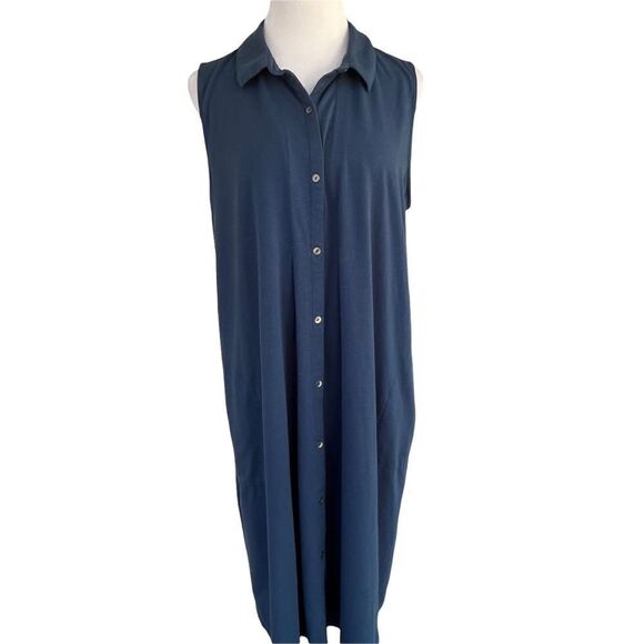 J.Jill Cotton Dark Blue Modal Sleeveless Midi Button Down Shirt Dress L TALL - Picture 3 of 6